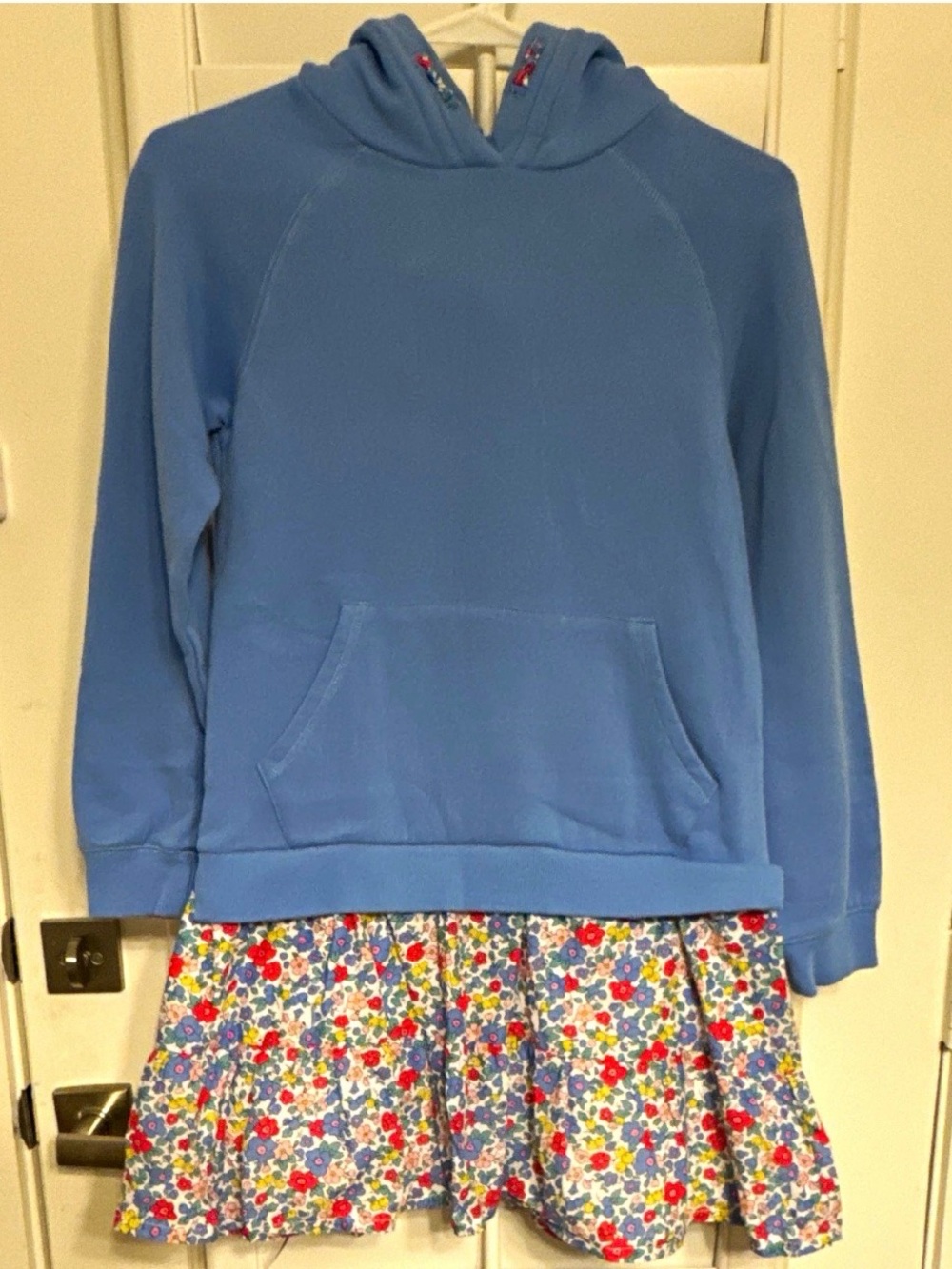 Boden Girls 1-Piece Blue Pullover Hoodie w/ Hood & Floral Skirt Set 11-12Y